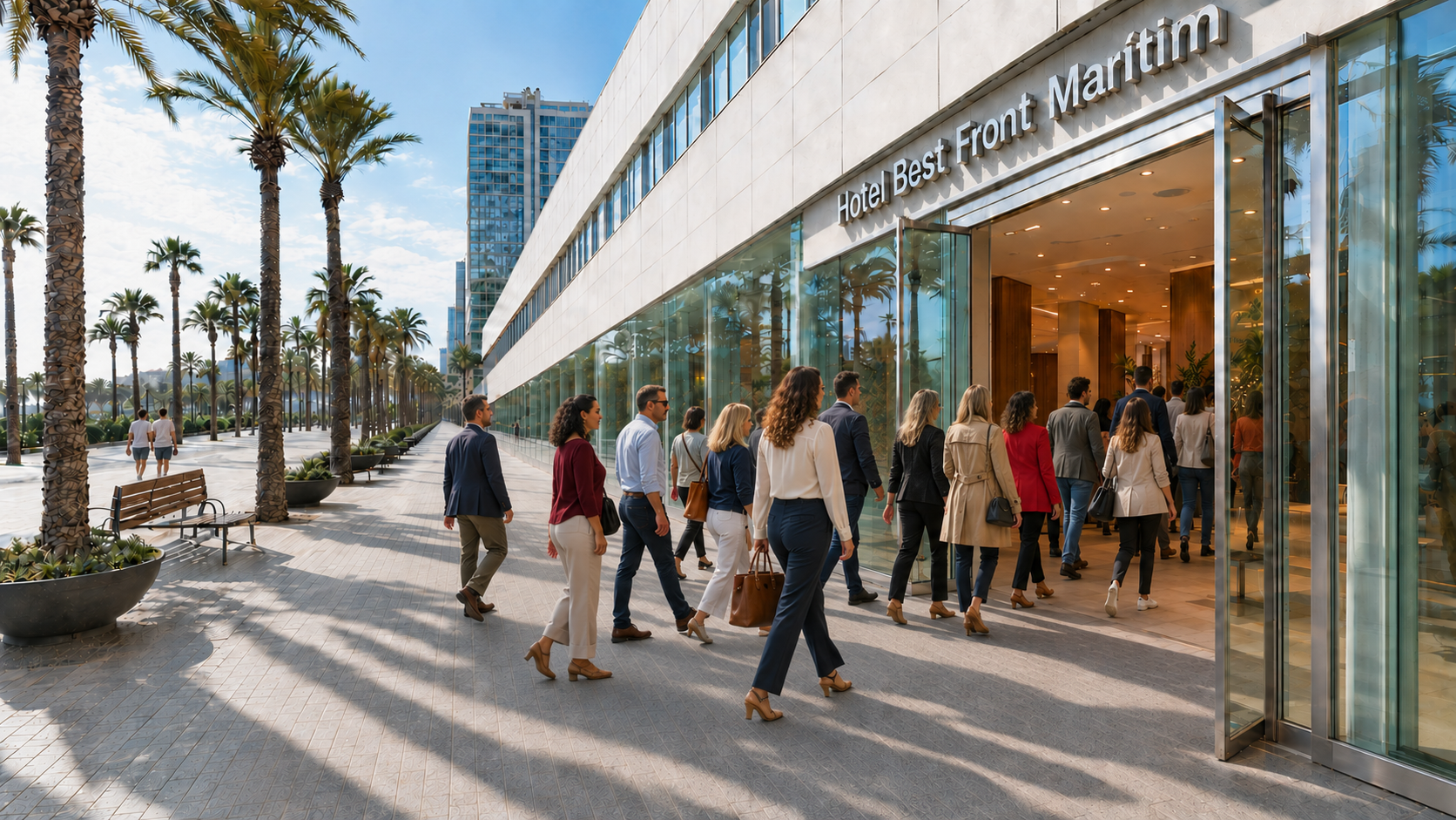 Profesionales entrando en el Hotel Best Front Maritim para la jornada de ventas, IA y hábitos de ejecución